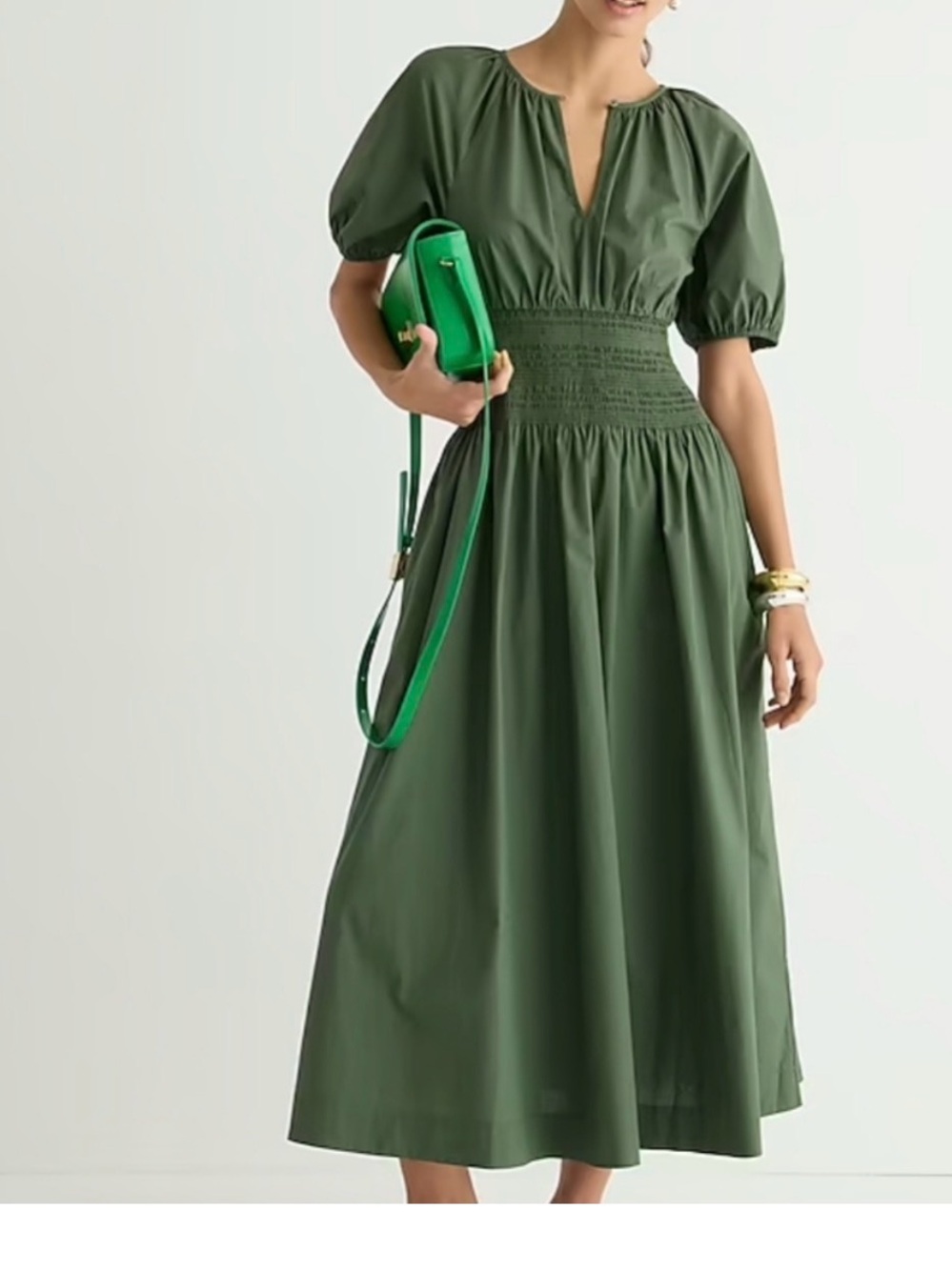J. Crew Olive Green Midi Dress with Smocked Waist Size Medium - Picture 4 of 11